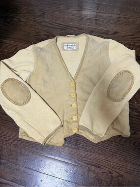 Light Yellow Suede-Trim Women's Cardigan Sweater